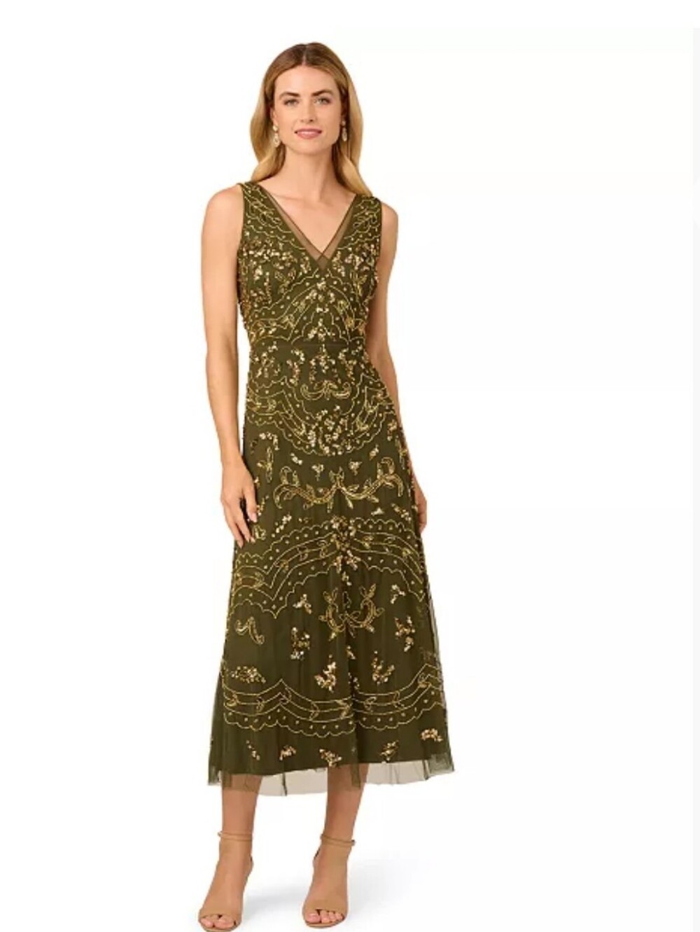 Adrianna Papell Petite Beaded Ankle Length Dress In Olive